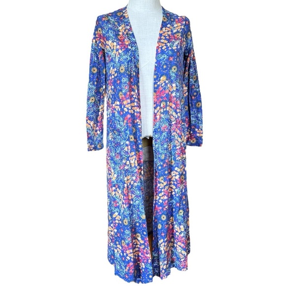 LuLaRoe Long Sleeve Small Long Length Purple Blue Floral Cardigan Pockets - Picture 1 of 6